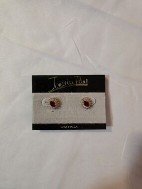 Vintage Jonathan Paul Oval Faux Ruby Stud Earrings with Clear Rhinestone Halo